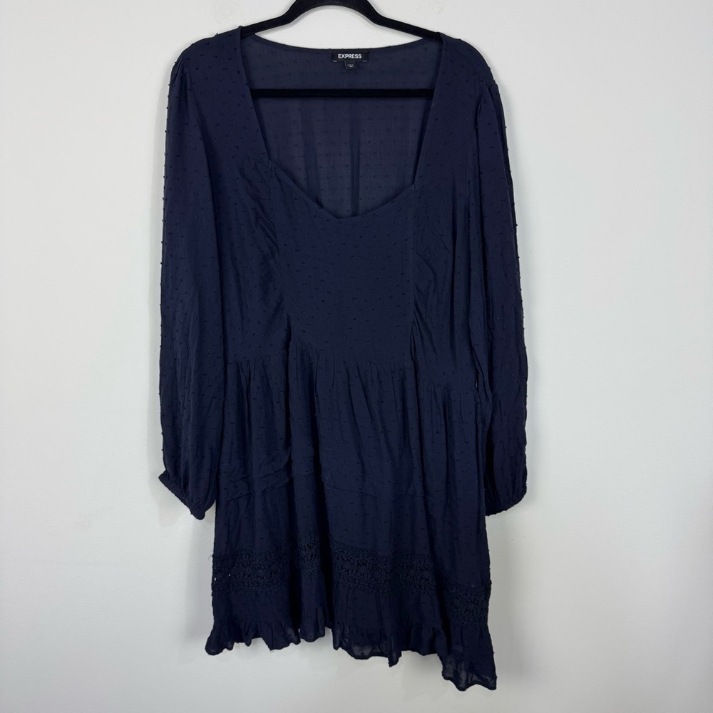 Express Sweetheart Neckline Navy Blue Long Sleeve Mini Dress Textured Holiday